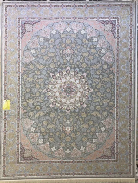 فرش 1500 شانه نقشه اصفهان زمینه نقره ای - گل برجسته