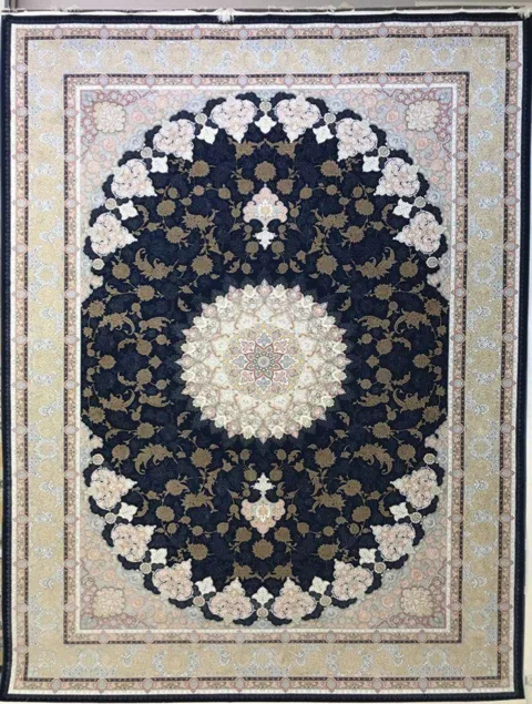 فرش 1500 شانه نقشه اصفهان زمینه سرمه ای - گل برجسته