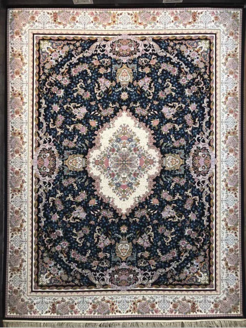 فرش 1000 شانه گل برجسته نقشه کاملیا زمینه سرمه ای