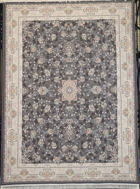 فرش 1200 شانه گل برجسته نقشه مهتاب زمینه ذغالی