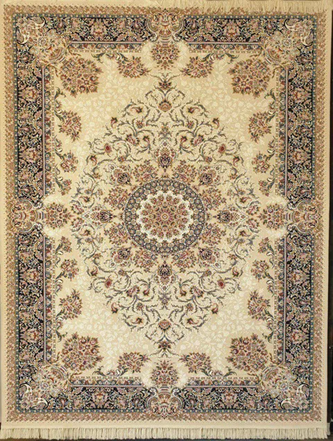 فرش 1200 شانه گل برجسته نقشه دلسا زمینه کرم حاشیه سرمه ای