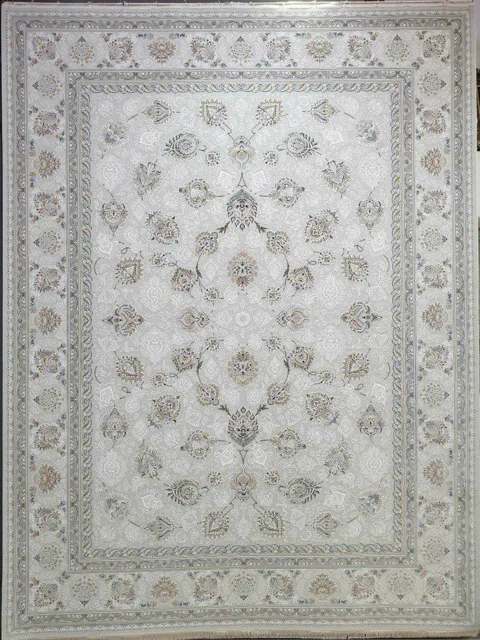 فرش 1500 شانه گل برجسته نقشه ماندگار زمینه کرم نقره ای