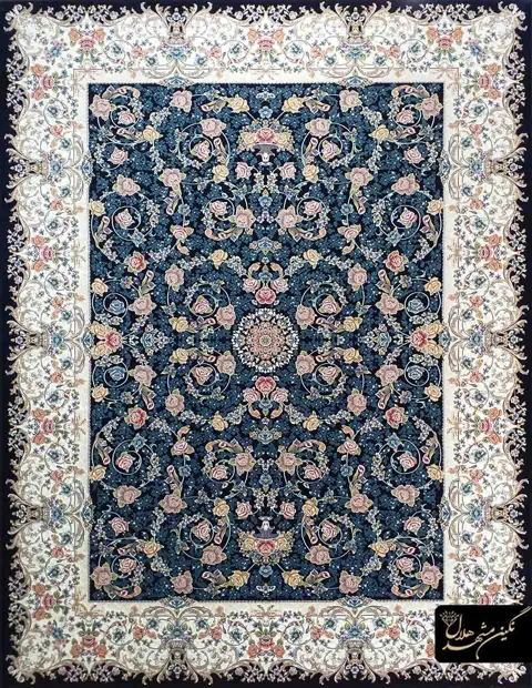 فرش 700 شانه گل برجسته نقشه افشان گلپری کد 13054 زمینه سرمه ای