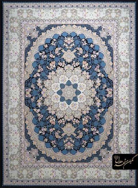 فرش 1200 شانه گل برجسته نقشه ساری گل کد 7102 زمینه سرمه ای