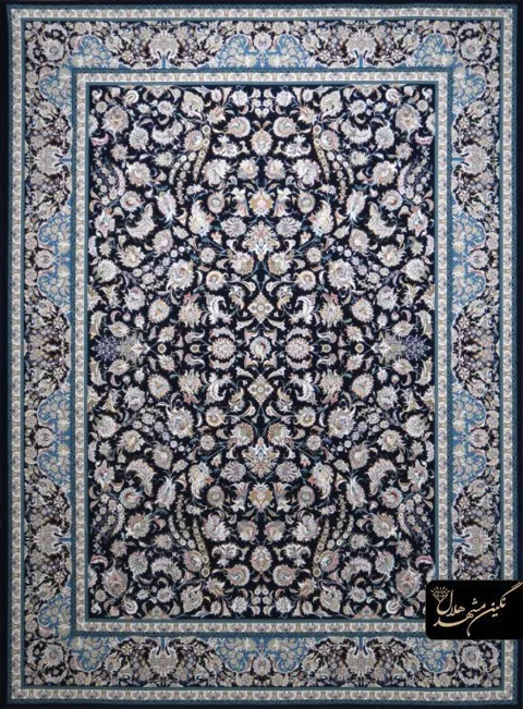 فرش 1200 شانه گل برجسته نقشه شاهکار کد 7103 زمینه سرمه ای