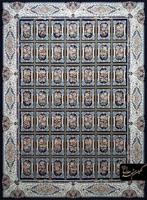فرش 1200 شانه گل برجسته نقشه خشتی نازآفرین کد 7122 زمینه سرمه ای