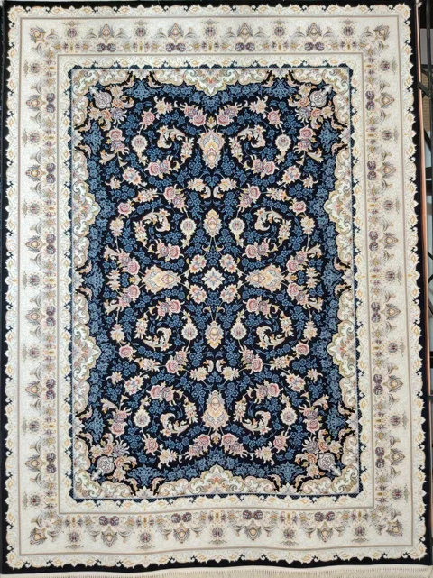 فرش 700 شانه گل برجسته نقشه افشان رژا زمینه سرمه ای