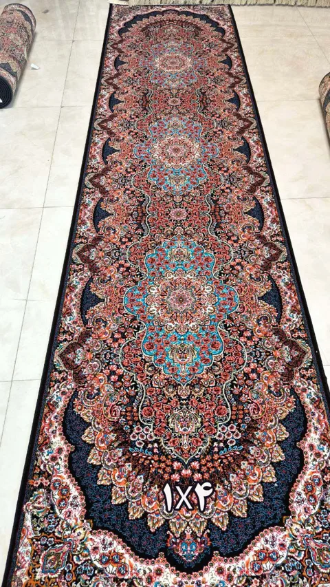 کناره فرش نقشه ارکیده زمینه سرمه ای - پلی استر