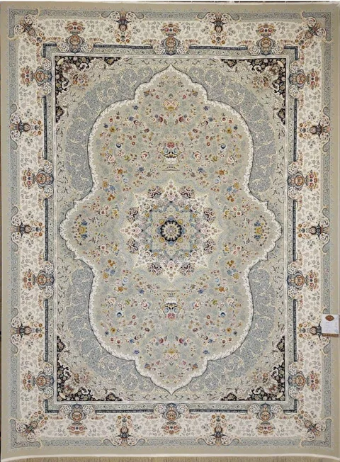 فرش 1500 شانه گل برجسته نقشه روناک زمینه ترمه ای
