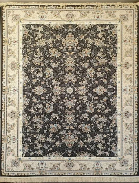 فرش 1200 شانه گل برجسته نقشه رایا زمینه سرمه ای حاشیه کرم