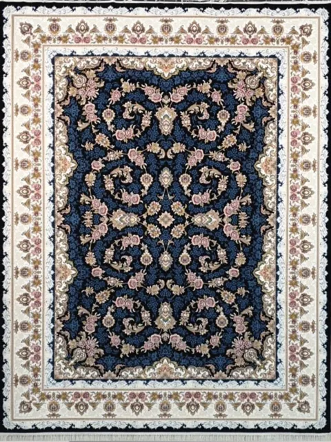 فرش 700 شانه گل برجسته نقشه رژین زمینه سرمه ای