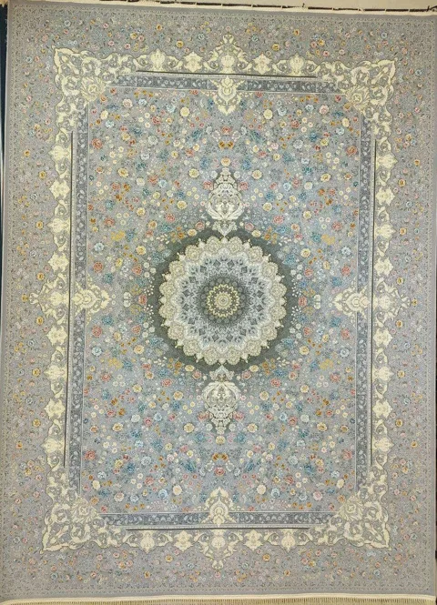 فرش 1200 شانه نقشه قصر گل زمینه نقره ای