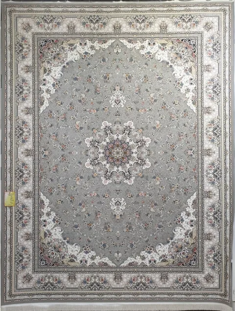 فرش 1500 شانه برجسته نقشه گلستان زمینه نقره ای