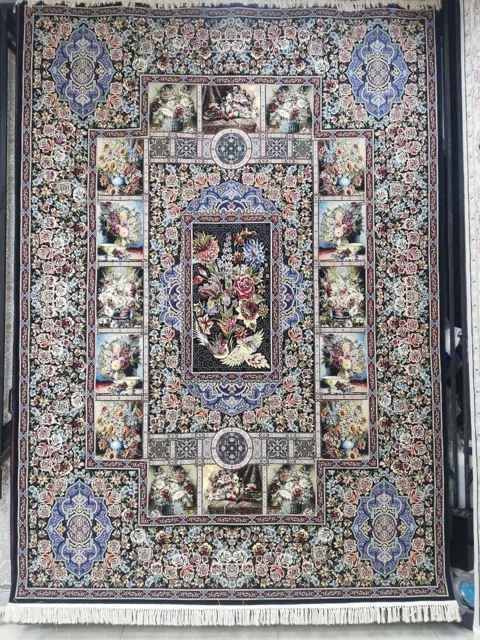 2 تخته فرش 9 متری 1000 شانه نقشه باغ ارم زمینه سرمه ای