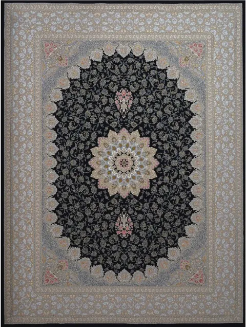 فرش 700 شانه نقشه گیلدا زمینه سرمه ای طلاکوب