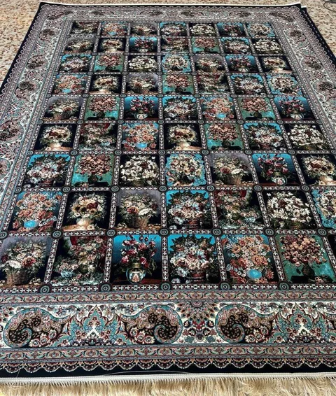 فرش 1200 شانه برجسته نقشه خشتی باغ ارم رنگ سرمه ای