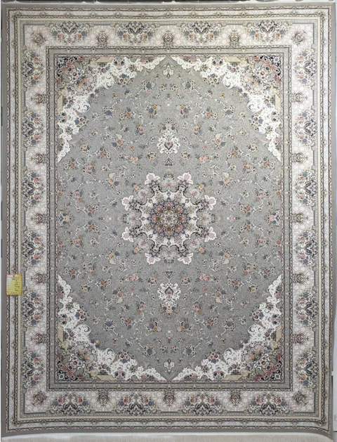 فرش 1500 شانه برجسته نقشه گلستان زمینه نقره ای