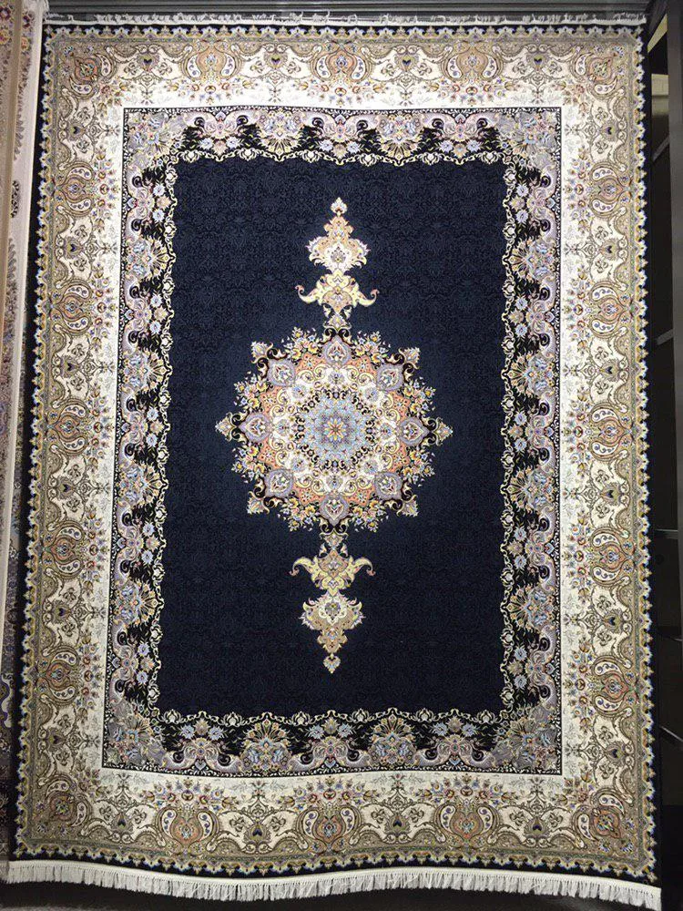 فرش 1500 شانه نقشه نوین زمینه سرمه ای - گل برجسته