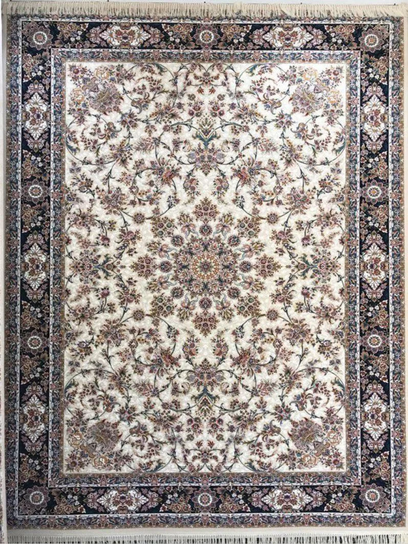 فرش 1200 شانه گل برجسته نقشه افشان خوشه زمینه کرم حاشیه سرمه ای
