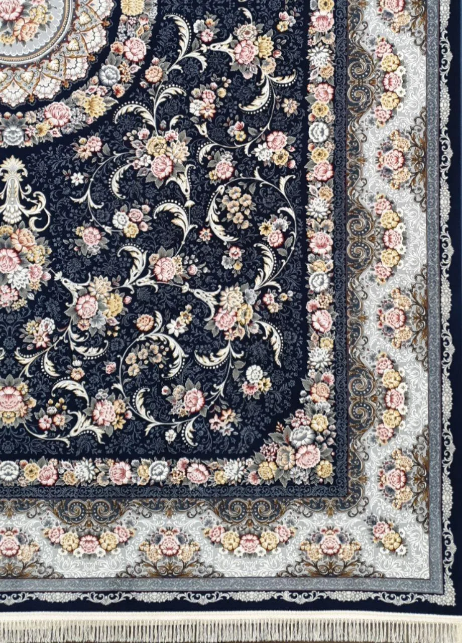 فرش 1200 شانه برجسته نقشه گل افشان زمینه سرمه ای