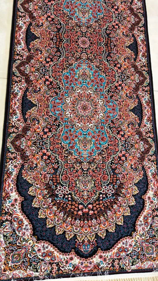 کناره فرش نقشه ارکیده زمینه سرمه ای - پلی استر