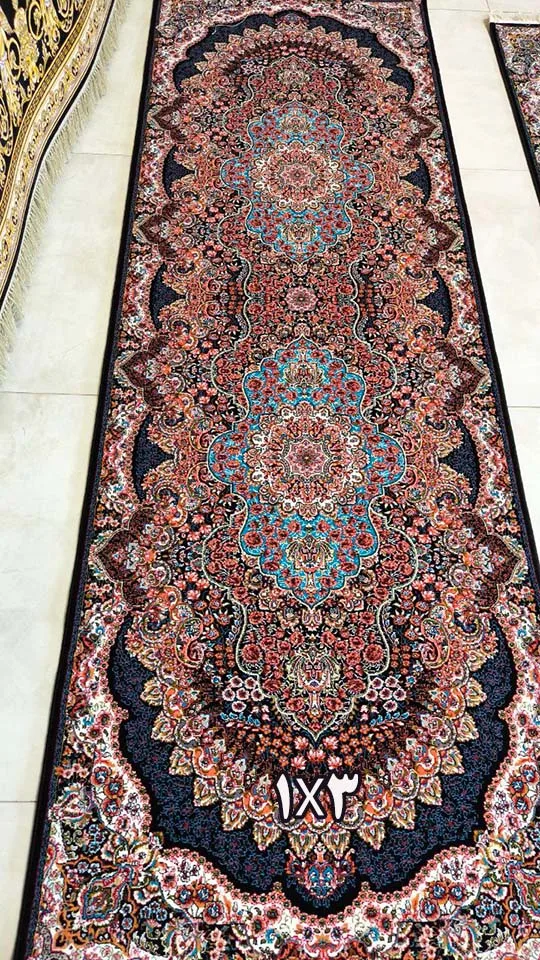 کناره فرش نقشه ارکیده زمینه سرمه ای - پلی استر