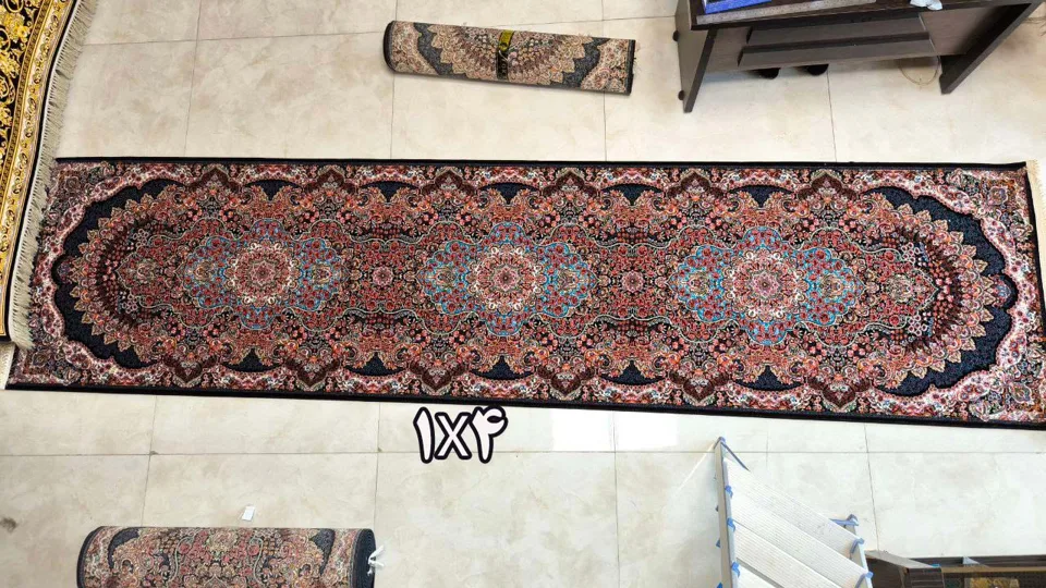 کناره فرش نقشه ارکیده زمینه سرمه ای - پلی استر