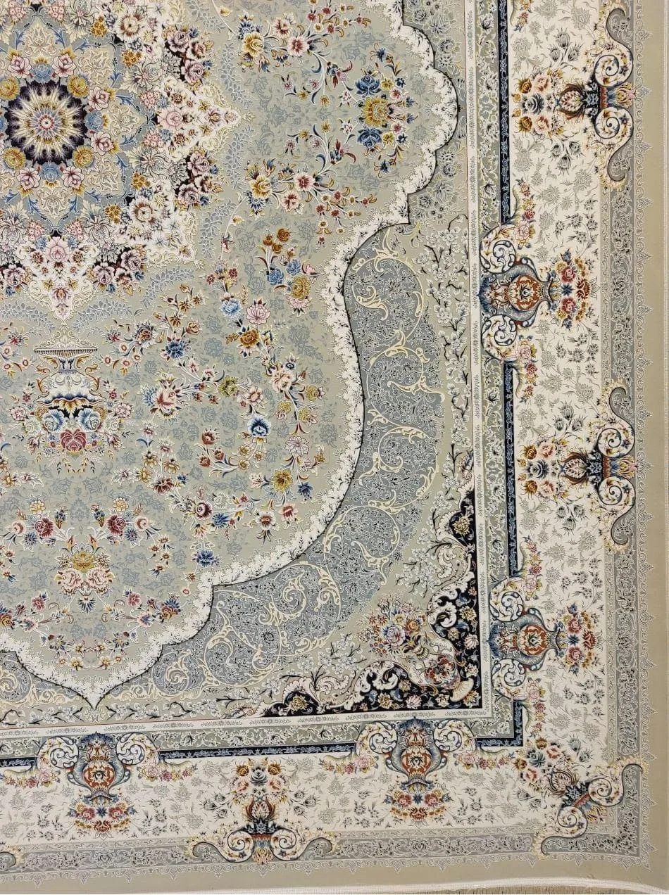 فرش 1500 شانه گل برجسته نقشه روناک زمینه ترمه ای