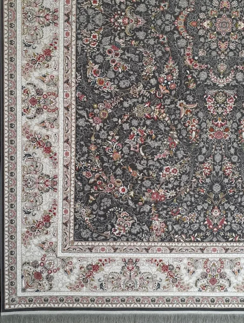 فرش 1200 شانه برجسته نقشه گل گندم زمینه ذغالی