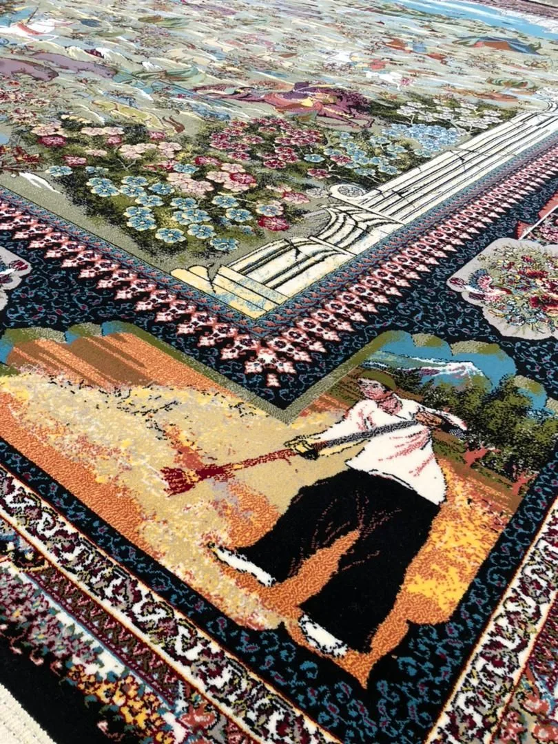 فرش 700 شانه نقشه شکارگاه زمینه سرمه ای