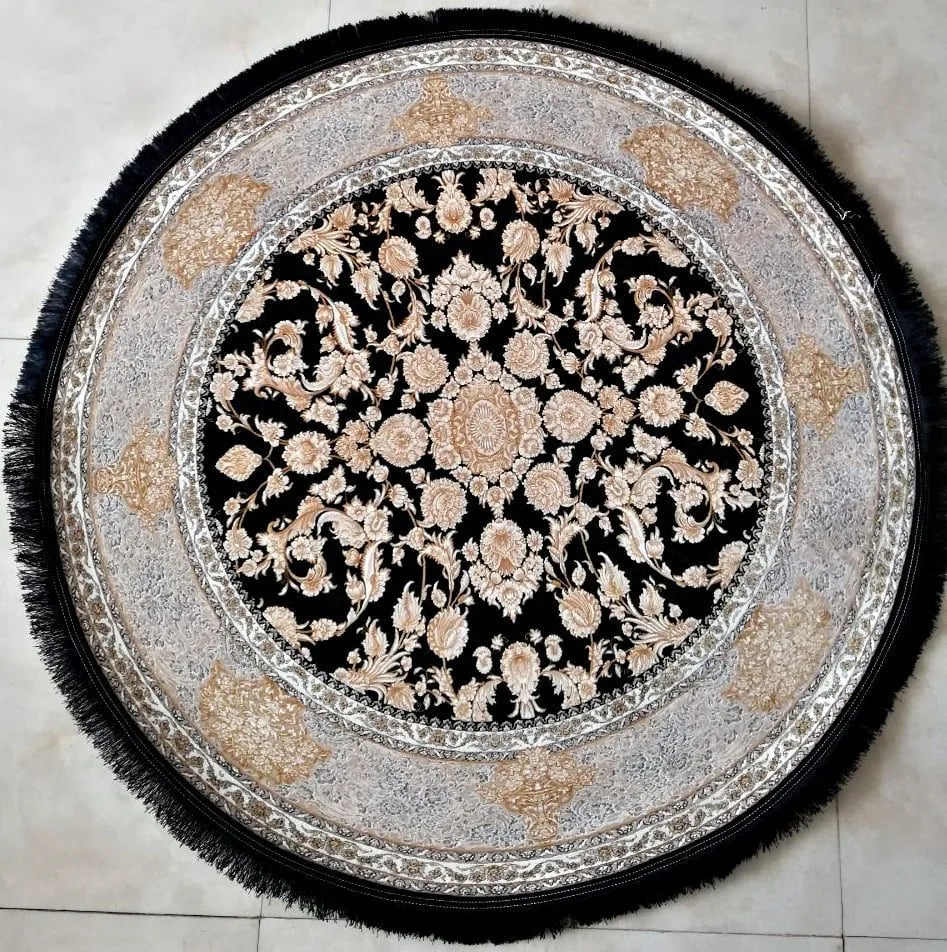 فرش گرد 1200 شانه نقشه آناک زمینه سرمه ای قطر 1/5 متر