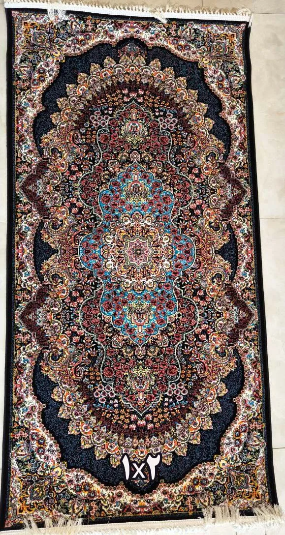 کناره فرش نقشه ارکیده زمینه سرمه ای - آکریلیک