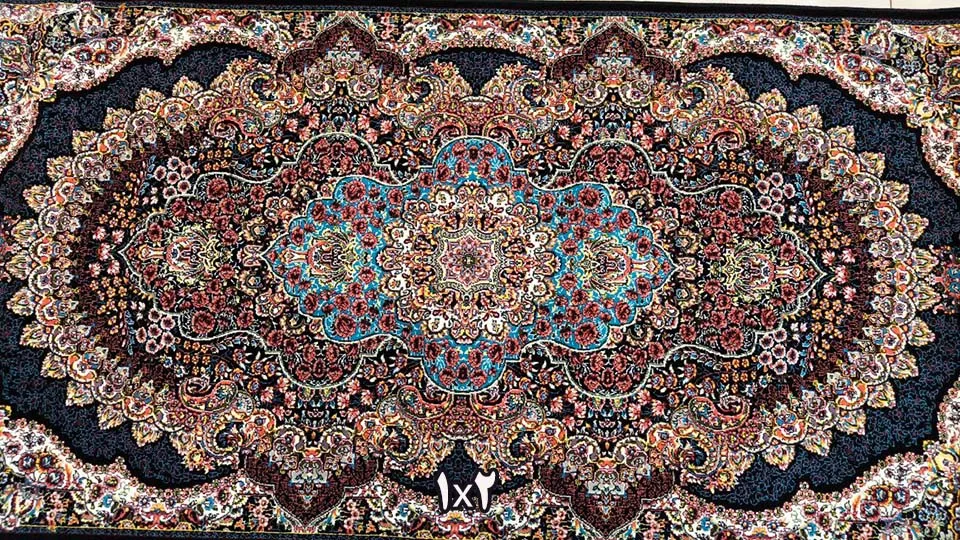 کناره فرش نقشه ارکیده زمینه سرمه ای - آکریلیک