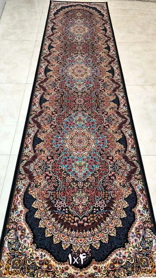 کناره فرش نقشه ارکیده زمینه سرمه ای - آکریلیک