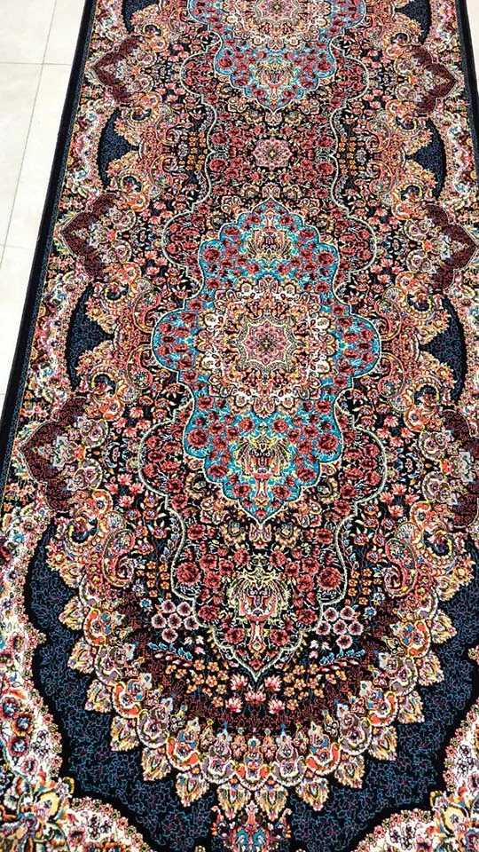 کناره فرش نقشه ارکیده زمینه سرمه ای - آکریلیک