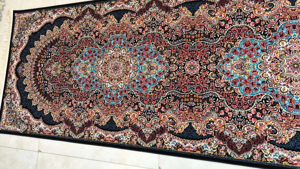 کناره فرش نقشه ارکیده زمینه سرمه ای - آکریلیک