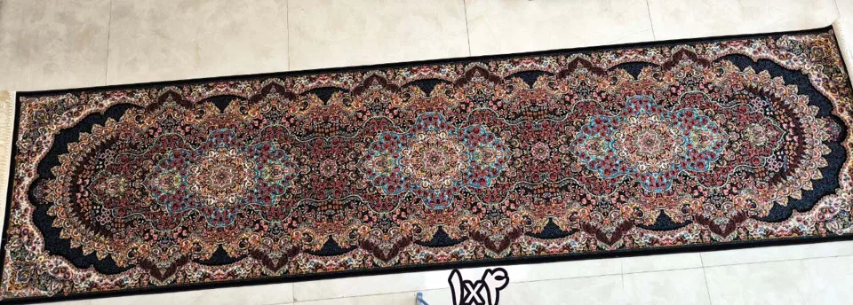 کناره فرش نقشه ارکیده زمینه سرمه ای - آکریلیک