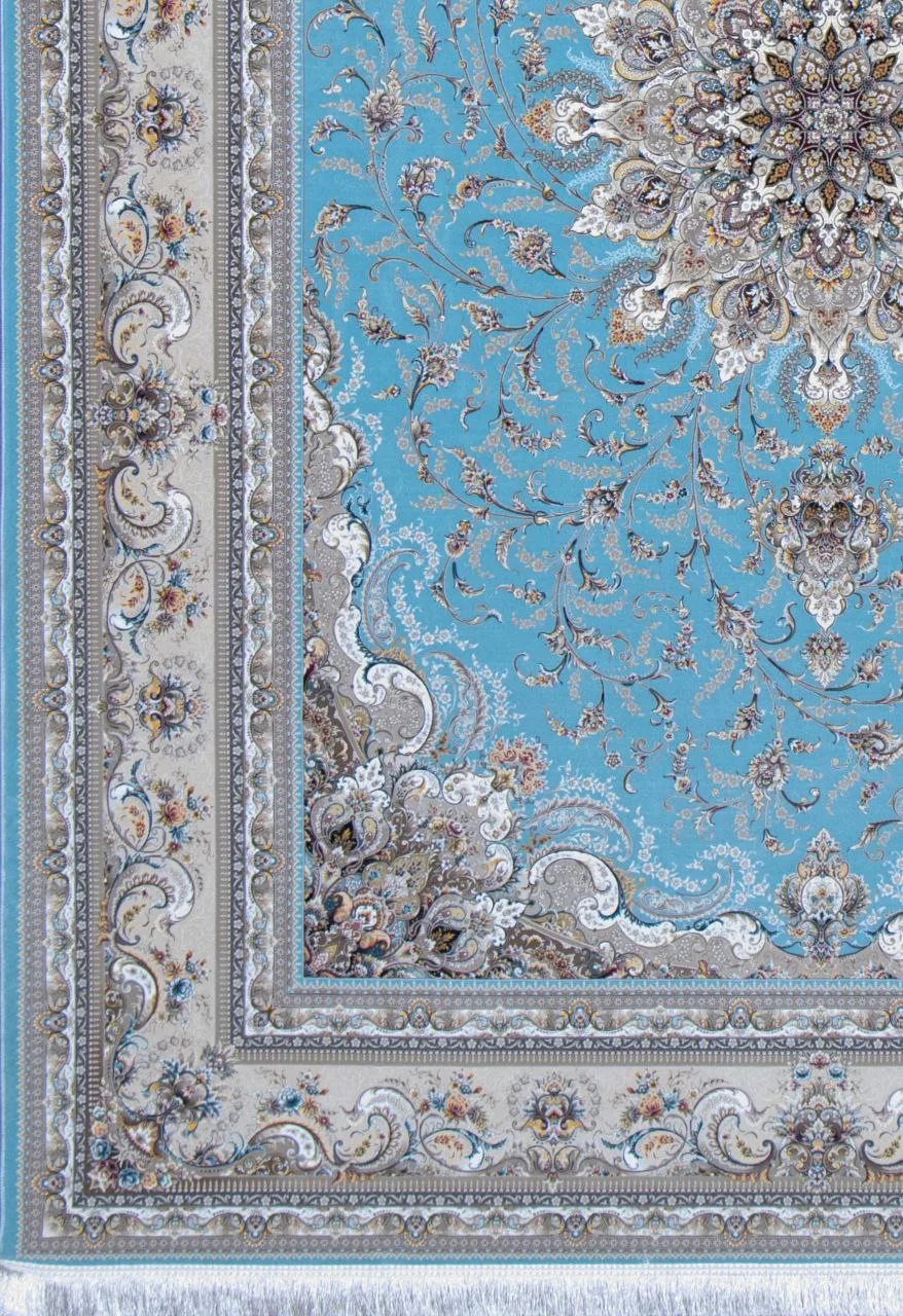 فرش 1500 شانه نقشه راما زمینه آبی الماسی از نمای گوشه