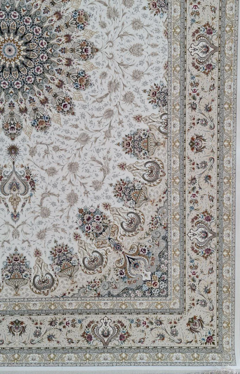 فرش 1500 شانه برجسته نقشه روژان زمینه سفید از نمای گوشه