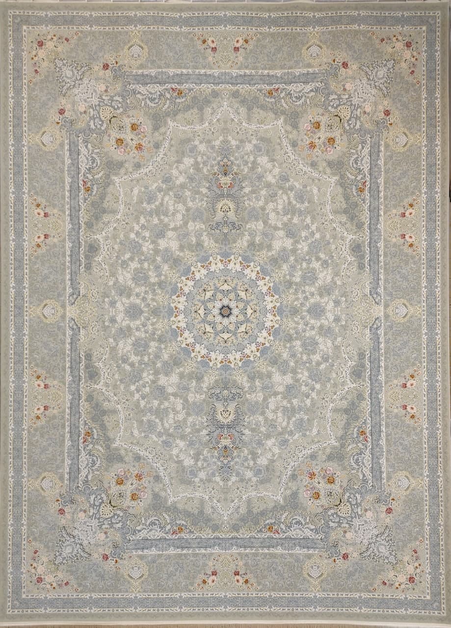 فرش 1500 شانه برجسته نقشه قصر طلایی زمینه ترمه ای 1