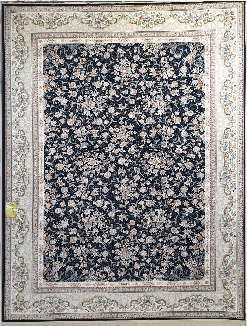 فرش ۱۵۰۰ شانه برجسته نقشه گلریز زمینه سرمه ای